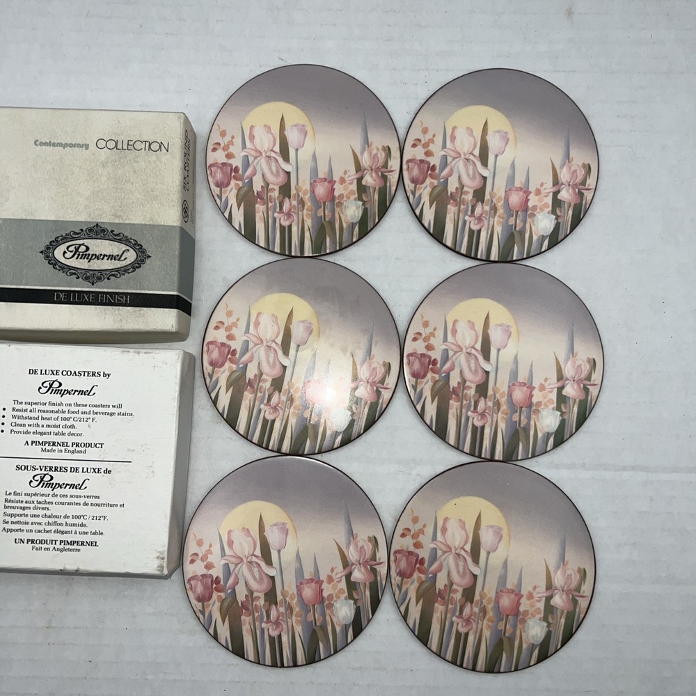 Vintage Pimpernel Dawn (floral) Cork Back Round Coaster Set‎ of 6 BOX - NEW